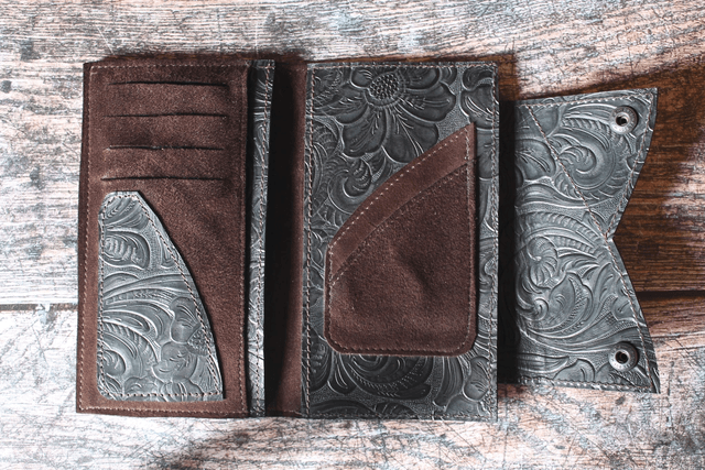 Portefeuille cuir bi-matière veau velours marron et veau imprimé noir