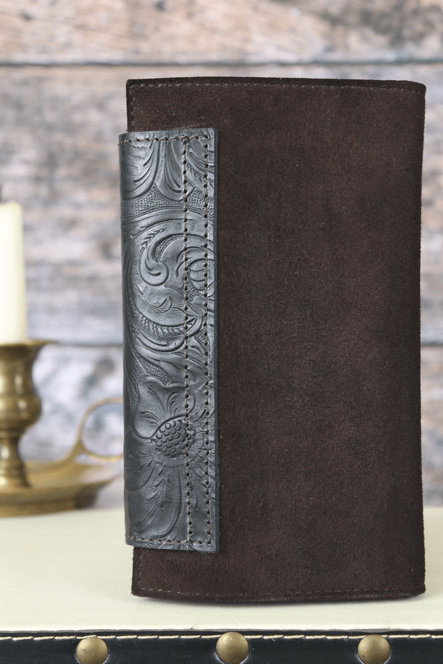 Portefeuille cuir bi-matière veau velours marron et veau imprimé noir