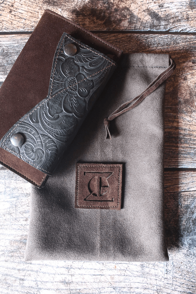 Portefeuille cuir bi-matière veau velours marron et veau imprimé noir