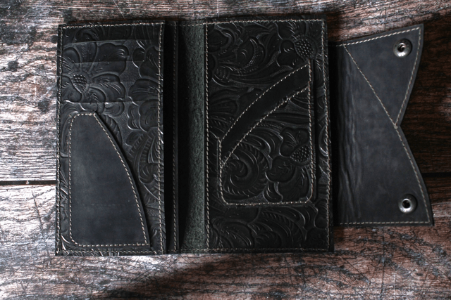 Portefeuille cuir noir bi-matière veau imprimé et veau velours