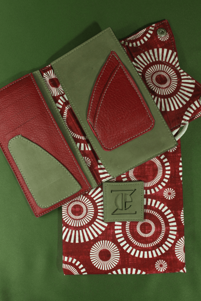 Portefeuille cuir bi-matière veau velours kaki clair et chèvre rouge carmin