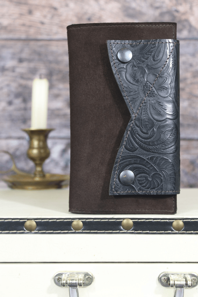 Portefeuille cuir bi-matière veau velours marron et veau imprimé noir