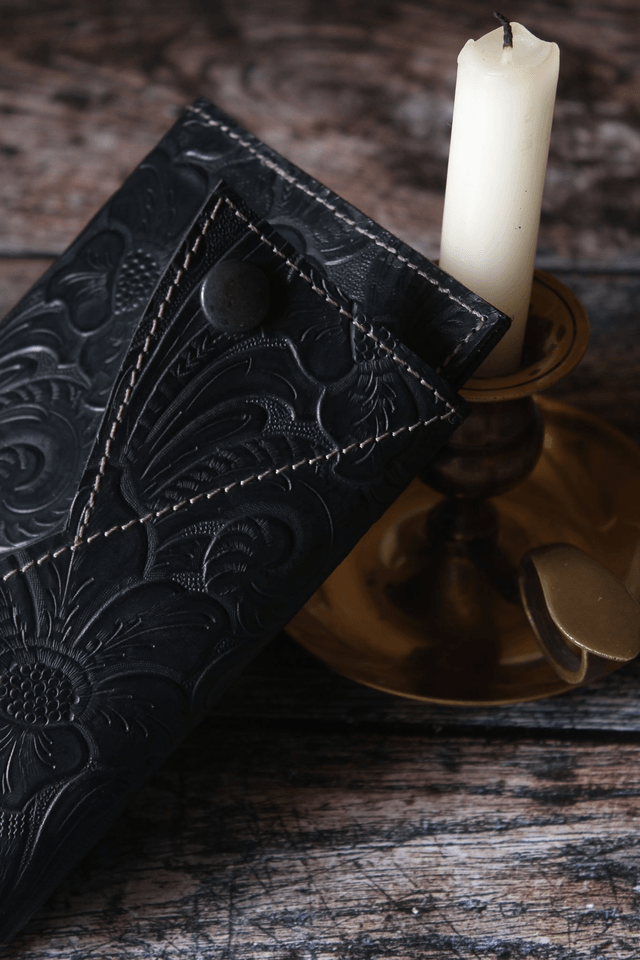 Portefeuille cuir noir bi-matière veau imprimé et veau velours